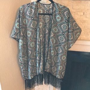 Kimono/Duster/Cardigan Top with Black Fringe